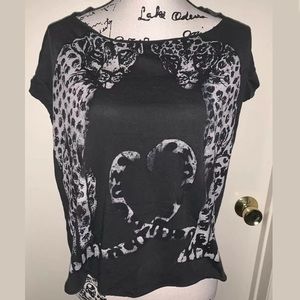 AllSaints Black Cheetah Tee Cut Out Collar Small